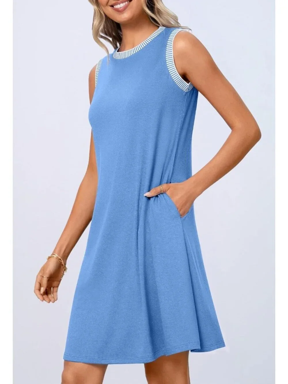 Women's Light Blue Sleeveless Tank Cruise Shift Swing Sundress Stylish Min Dress